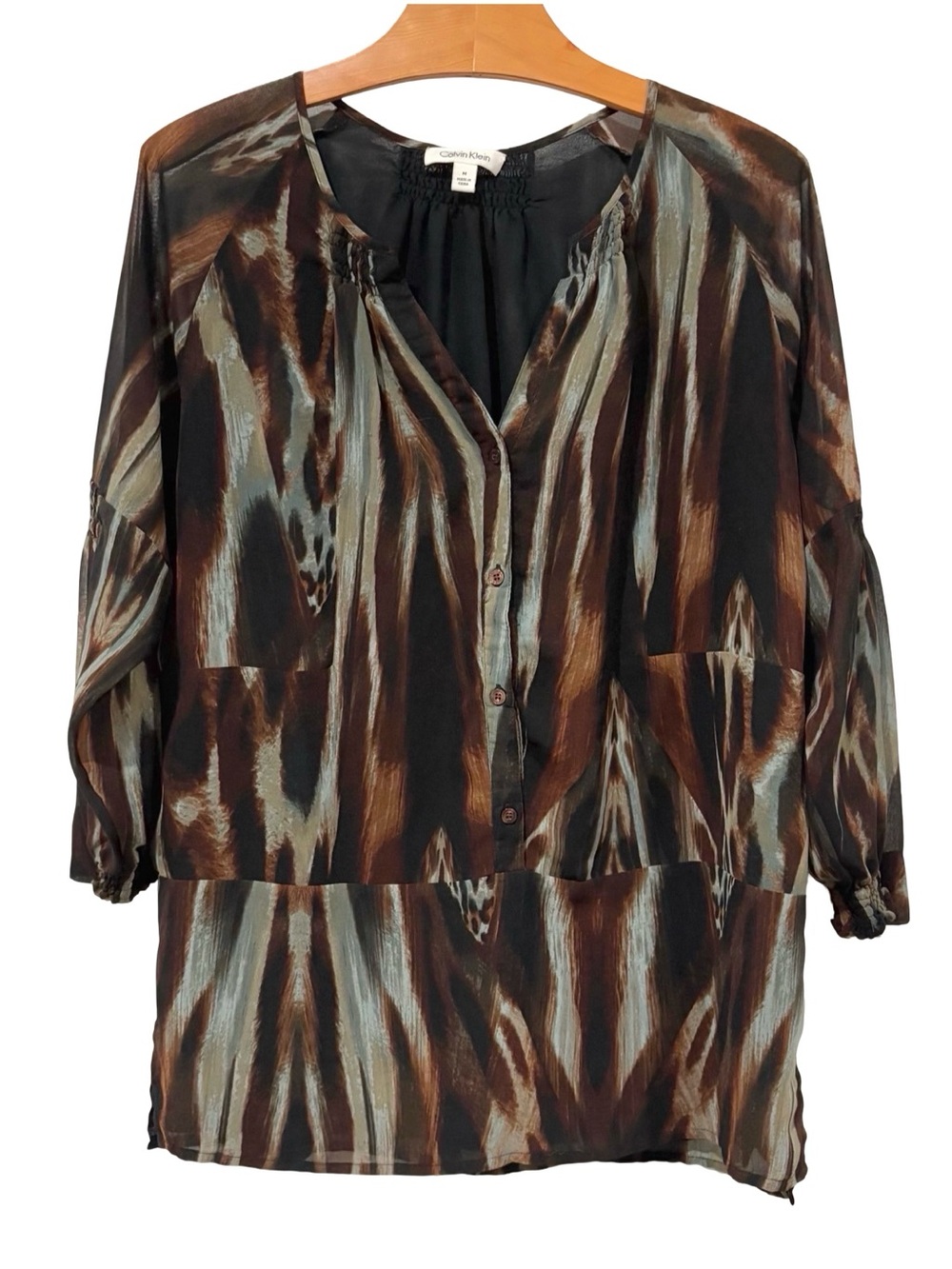 Calvin Klein Sheer Tunic Blouse Abstract Animal Print Medium